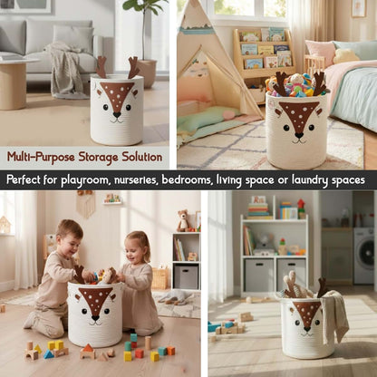 Jolijay Kids Laundry Basket Hamper & Toy Storage Organizer | Large Deer Woven Cotton Rope Bin for Stuffed Plushies (photo 4)