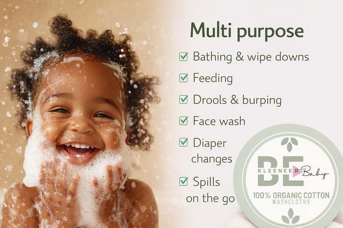 BE KLEENER Baby 100% Organic Cotton Washcloths, White, Soft Absorbent for Babies Face and Body, Newborn, Kids (photo 3)