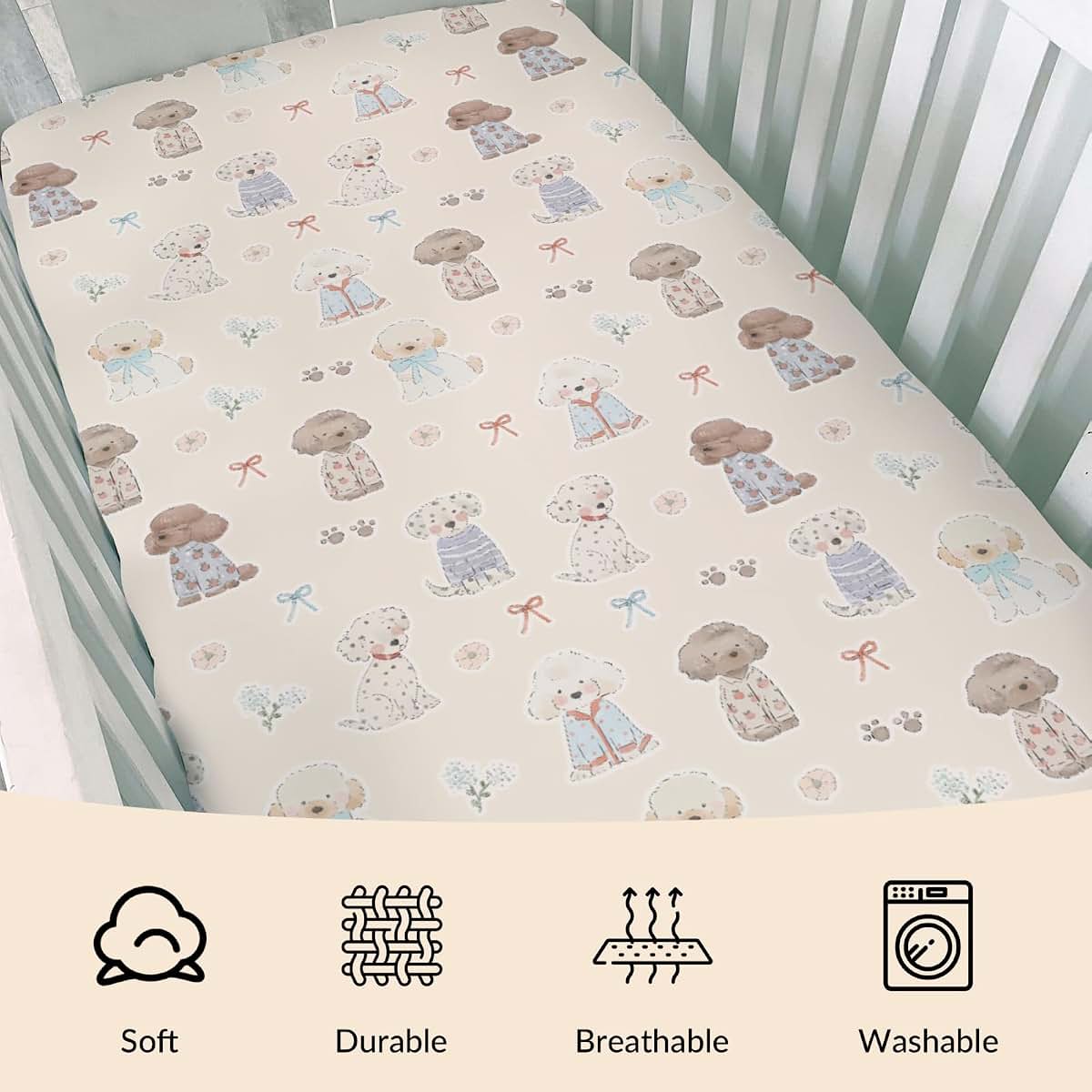 Cstdyfrv Cute Dogs Paws Bows Crib Sheet Puppy Pattern Polyester (photo 3)