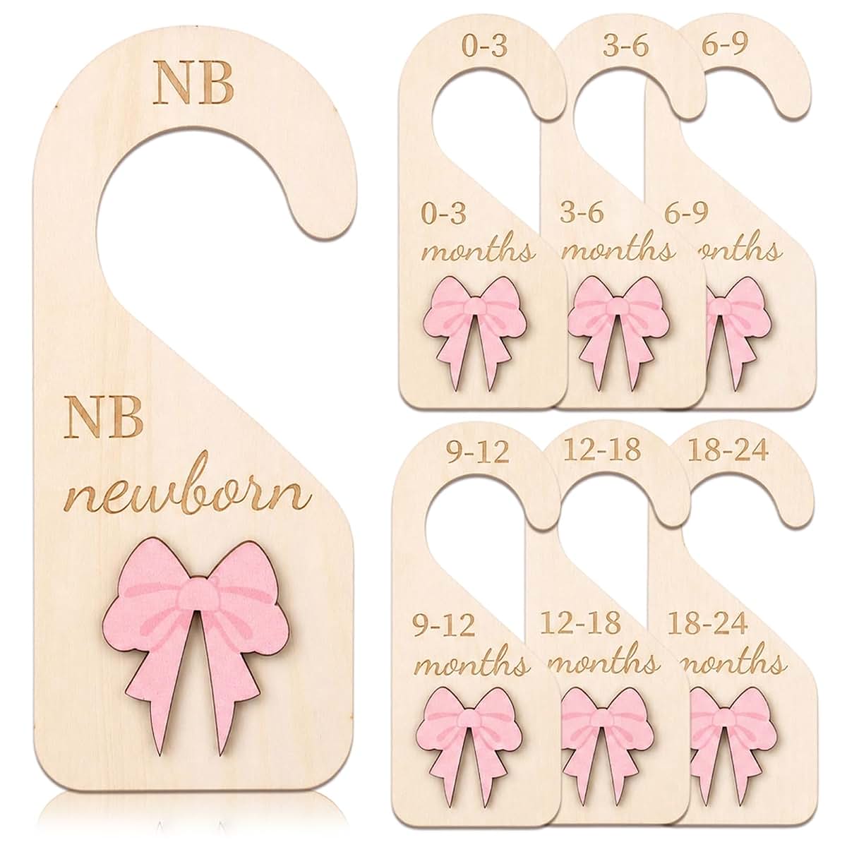 7-Piece Wooden Baby Closet Dividers with 3D Pink Bow, Double-Sided Nursery Organizer 0-24 Months