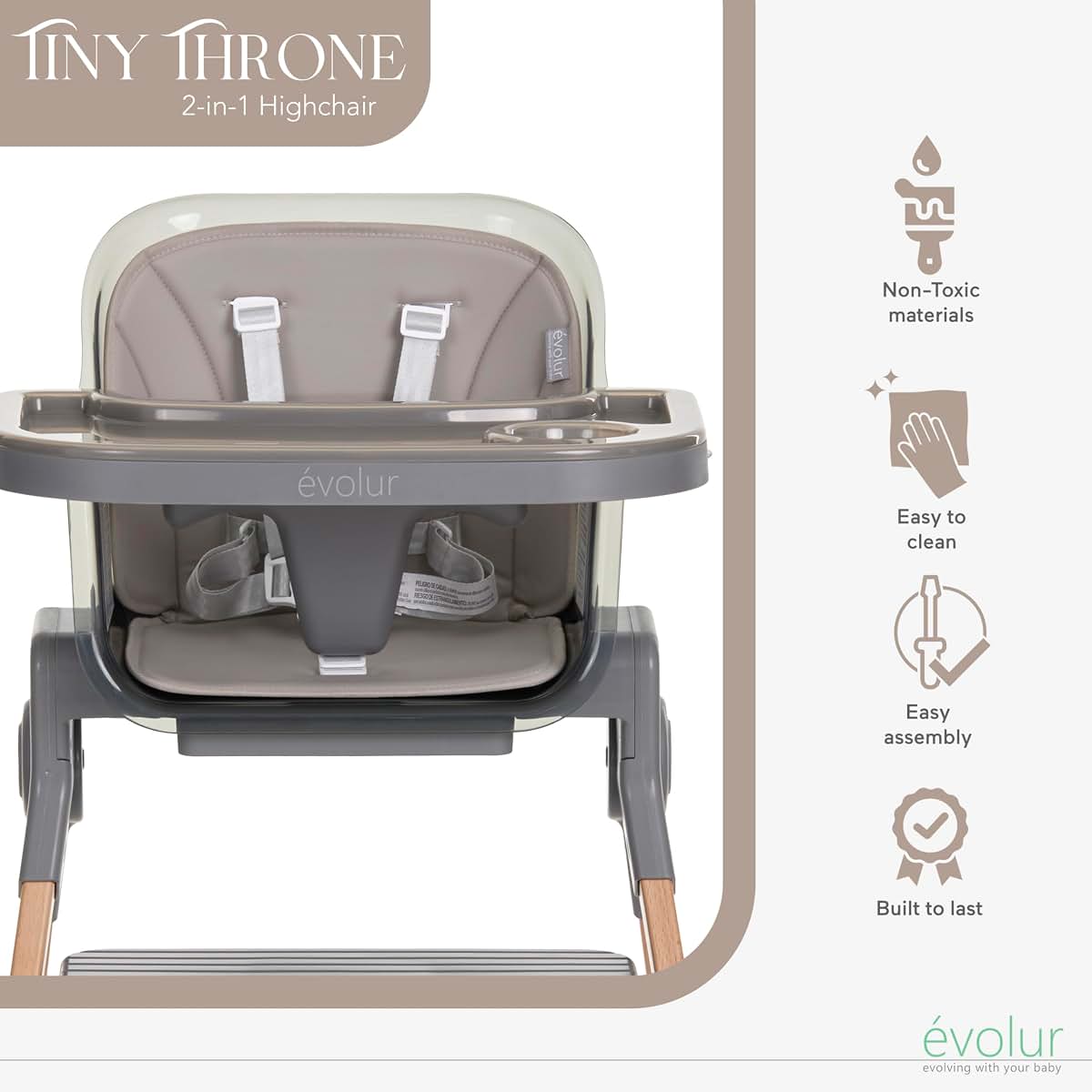Evolur Tiny Throne 3-in-1 Convertible High Chair, Removable & Dishwasher Safe Tray, Converts to Booster Seat & Adult