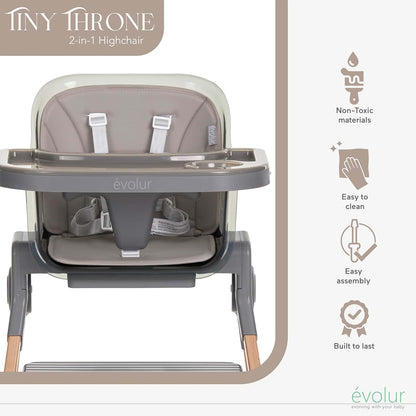 Evolur Tiny Throne 3-in-1 Convertible High Chair, Removable & Dishwasher Safe Tray, Converts to Booster Seat & Adult