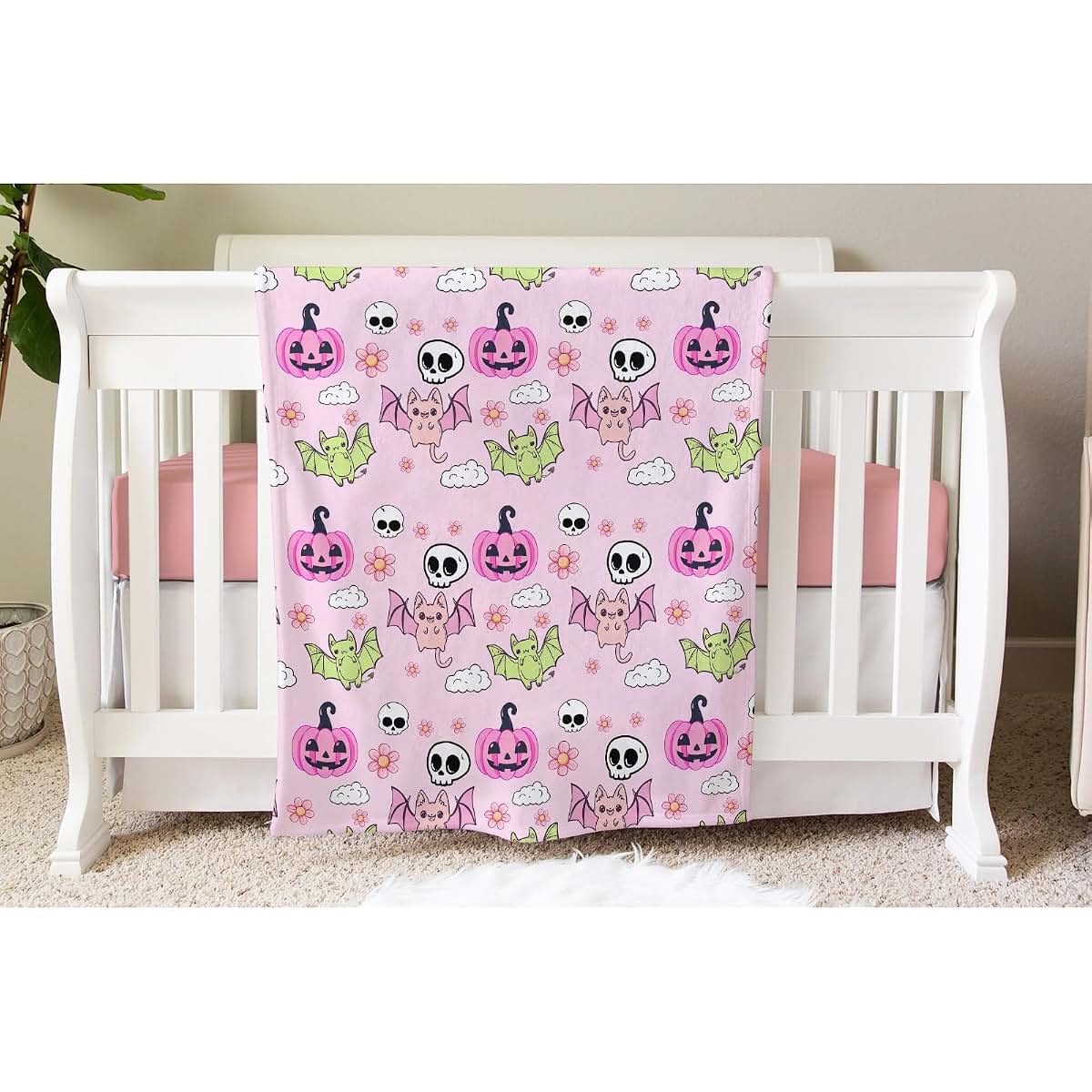 SqtmuHLuo Pink Halloween Baby Blanket Boy Girl Gift Neutral Cartoon Bat Cute Pumpkin Skull Soft Flannel Fleece Nursery