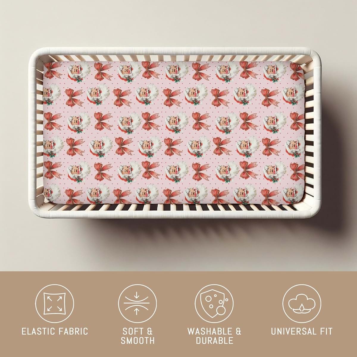 Selgkds Vintage Merry Christmas Santa Bows Baby Crib Sheet (photo 3)