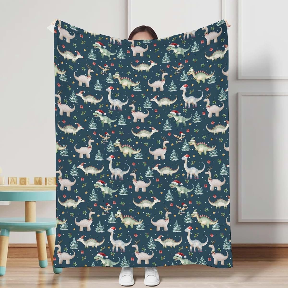 Flannel Dinosaur Christmas Baby Blanket, 60x80 Inch