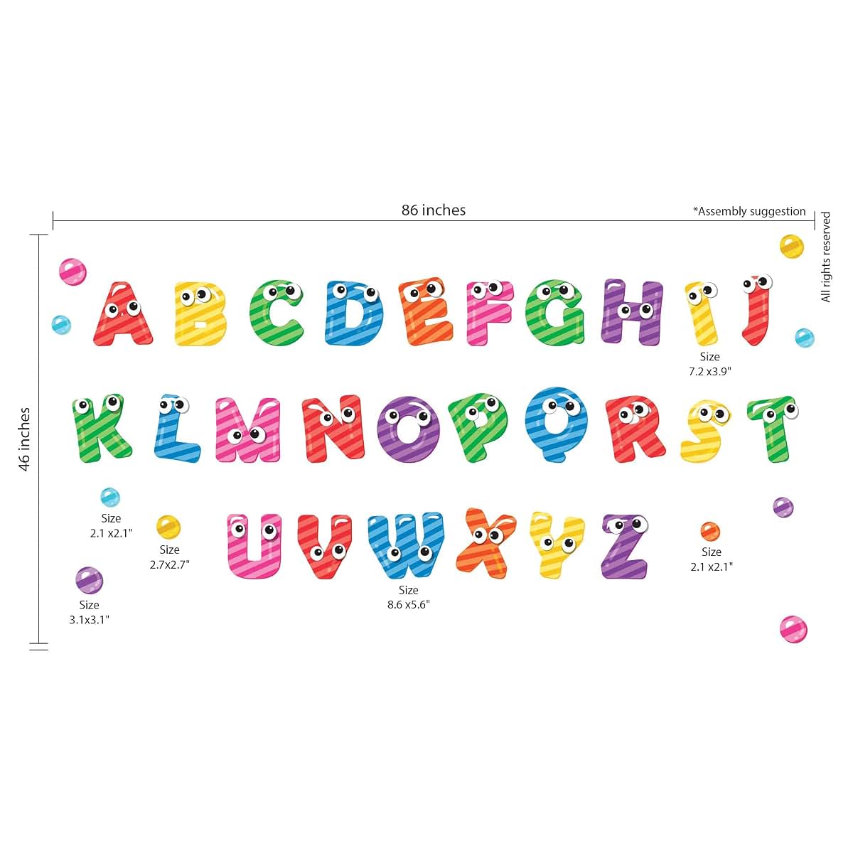 Rooms and Stickers Large Alphabet Wall Decal, 37pcs Multicolored ABC Peel & Stick