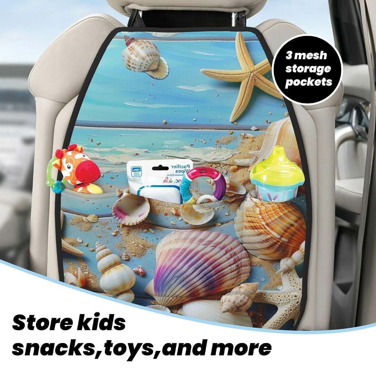 JTNWEC Beach Theme Seashells Print Car Seat Kick Mats With Organisers 2 Pack (photo 4)