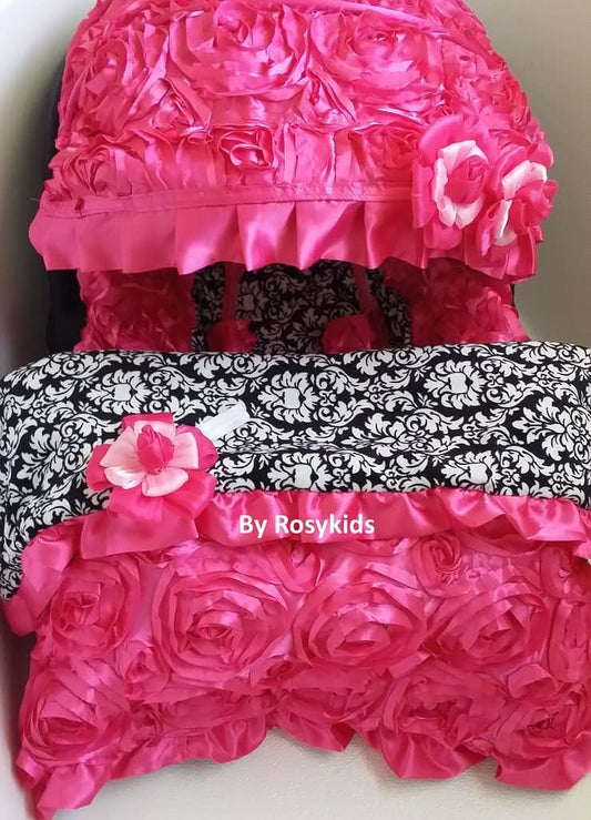 Rosy Kids Infant Car Seat Canopy Cover 4pc Whole Caboodle In Hot Pink Damask
