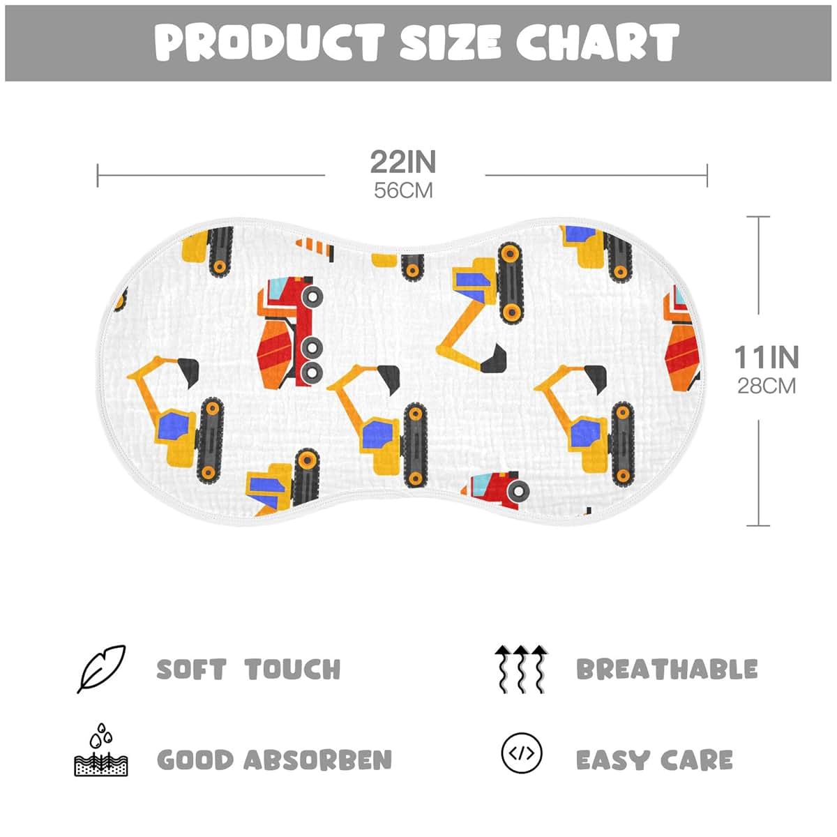 Construction Vehicles Muslin Baby Burp Cloths Set of 2, Cotton, 22x11 Inches