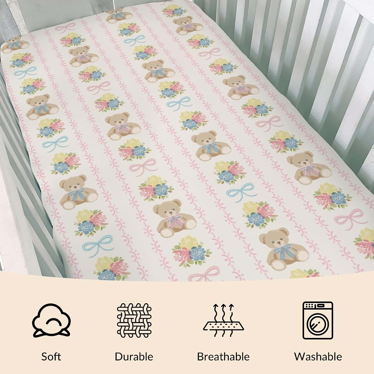 Cstdyfrv Cute Bears Boho Flowers Fitted Crib Sheet for Standard Mattresses (photo 3)