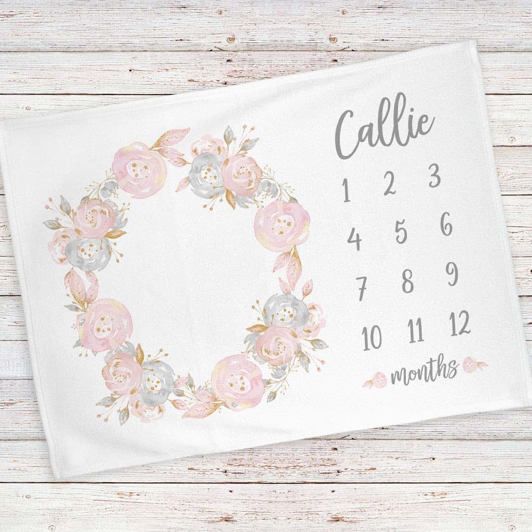 Lovable Gift Co Monthly Milestone Baby Blanket Personalized, Pink and Gray Floral (photo 2)