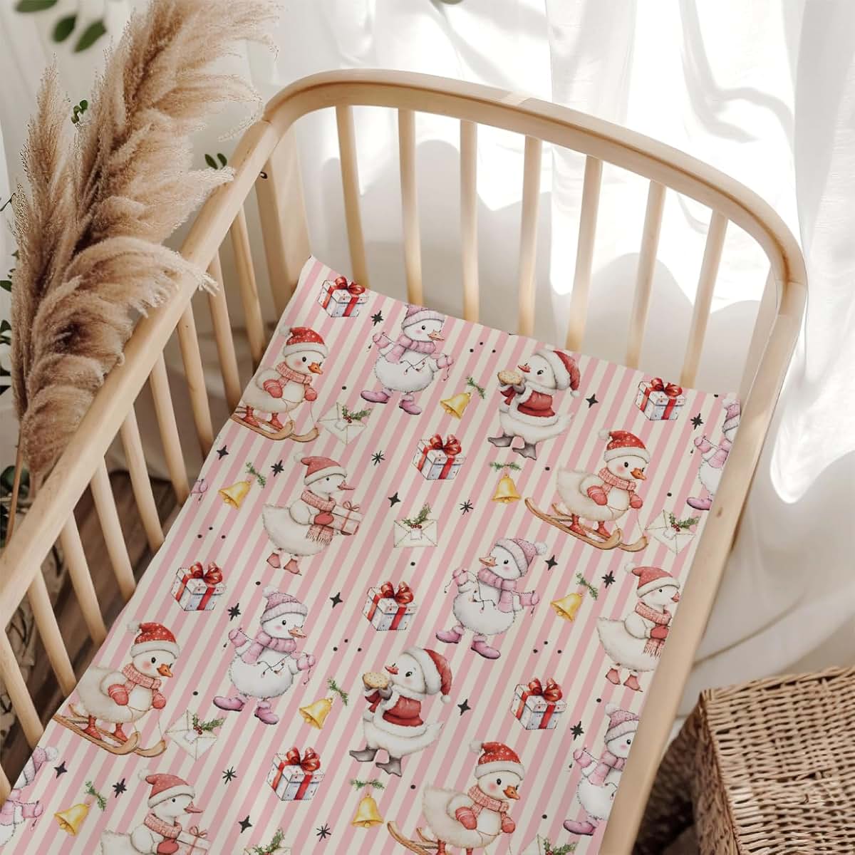 Wicbfdfv Cute Christmas Geese Santa Hat Fir Fitted Crib Sheet for Baby Girls Boys 52x28x9 in Duck Bells Gift Fitted