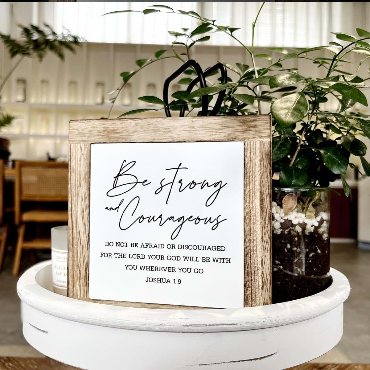 Gkwa Joshua 1:9 Bible Verse Sign, Pine Wood Tabletop Decoration, 5.9 x 5.9 Inches