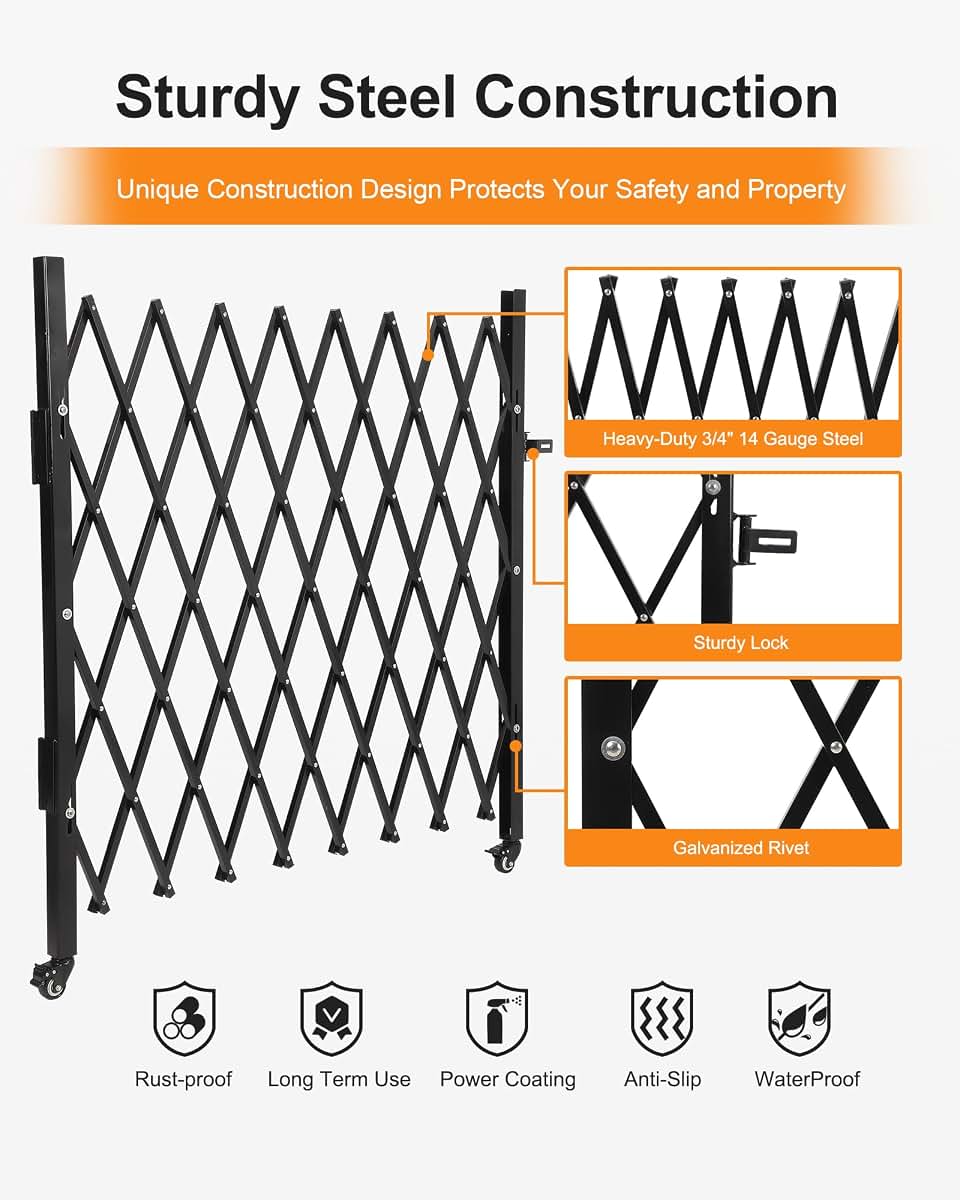 ExploreHorizon Single Folding Security Gate, 85" H x 95" W Black Expanding Door (photo 3)