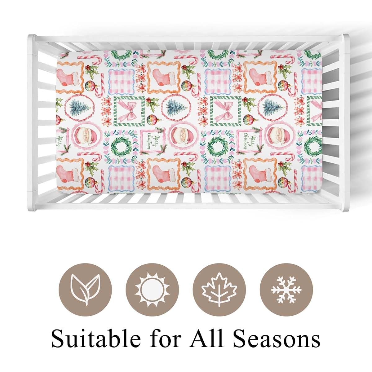 Wicbfdfv Christmas Santa Pine Trees Pink Fitted Crib Sheet 28"x52" (photo 2)