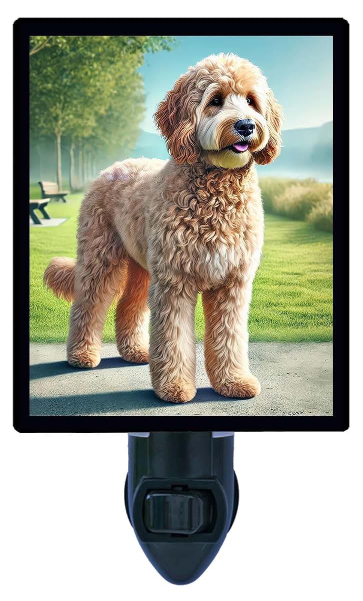 Goldendoodle Night Light Dog Design Fully Enclosed Rotating Plug Glass Front 4 Watt Bulb