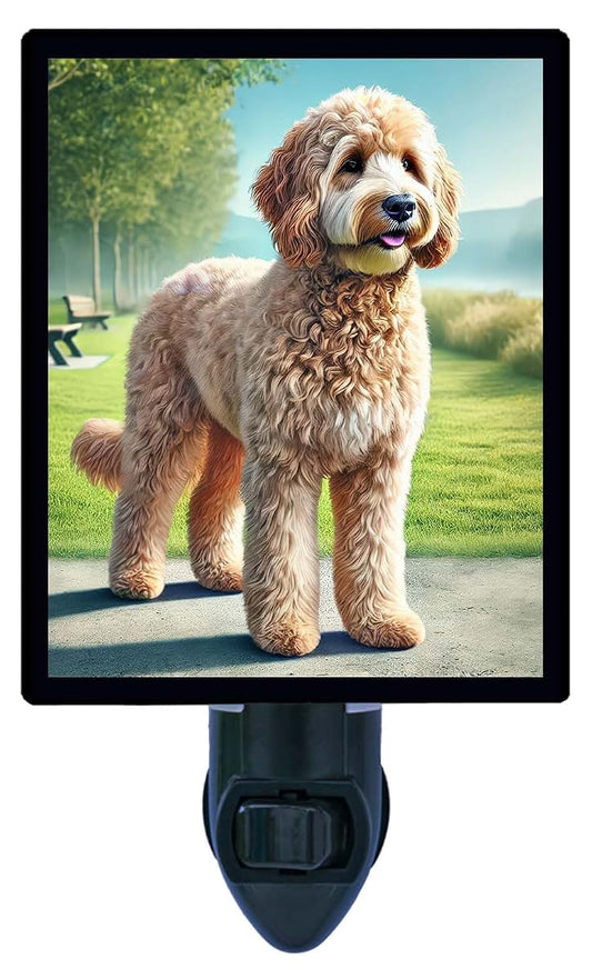 Goldendoodle Night Light Dog Design Fully Enclosed Rotating Plug Glass Front 4 Watt Bulb