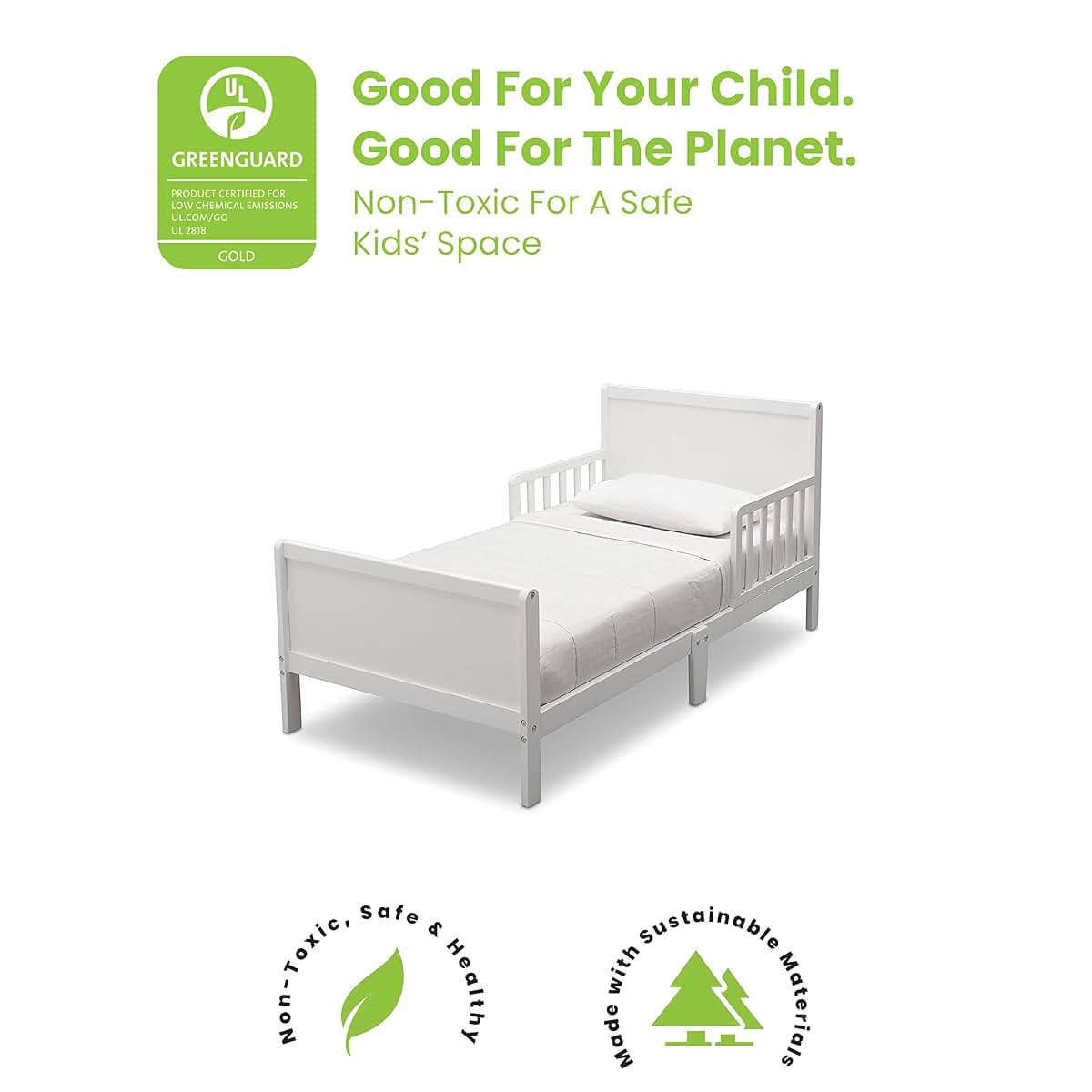 Delta Children Fancy Wood Toddler Bed with Guardrails, Low Profile, Bianca