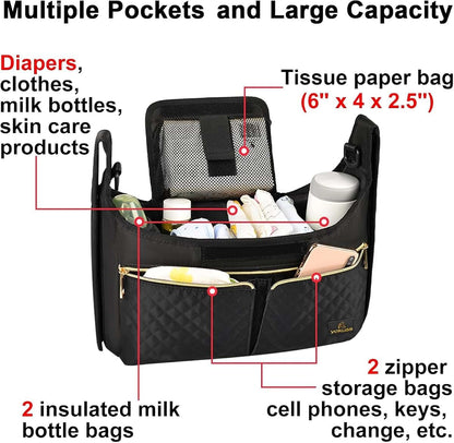 Yokusa Universal Stroller Organizer Bag with Insulated Bottle Pockets, Black