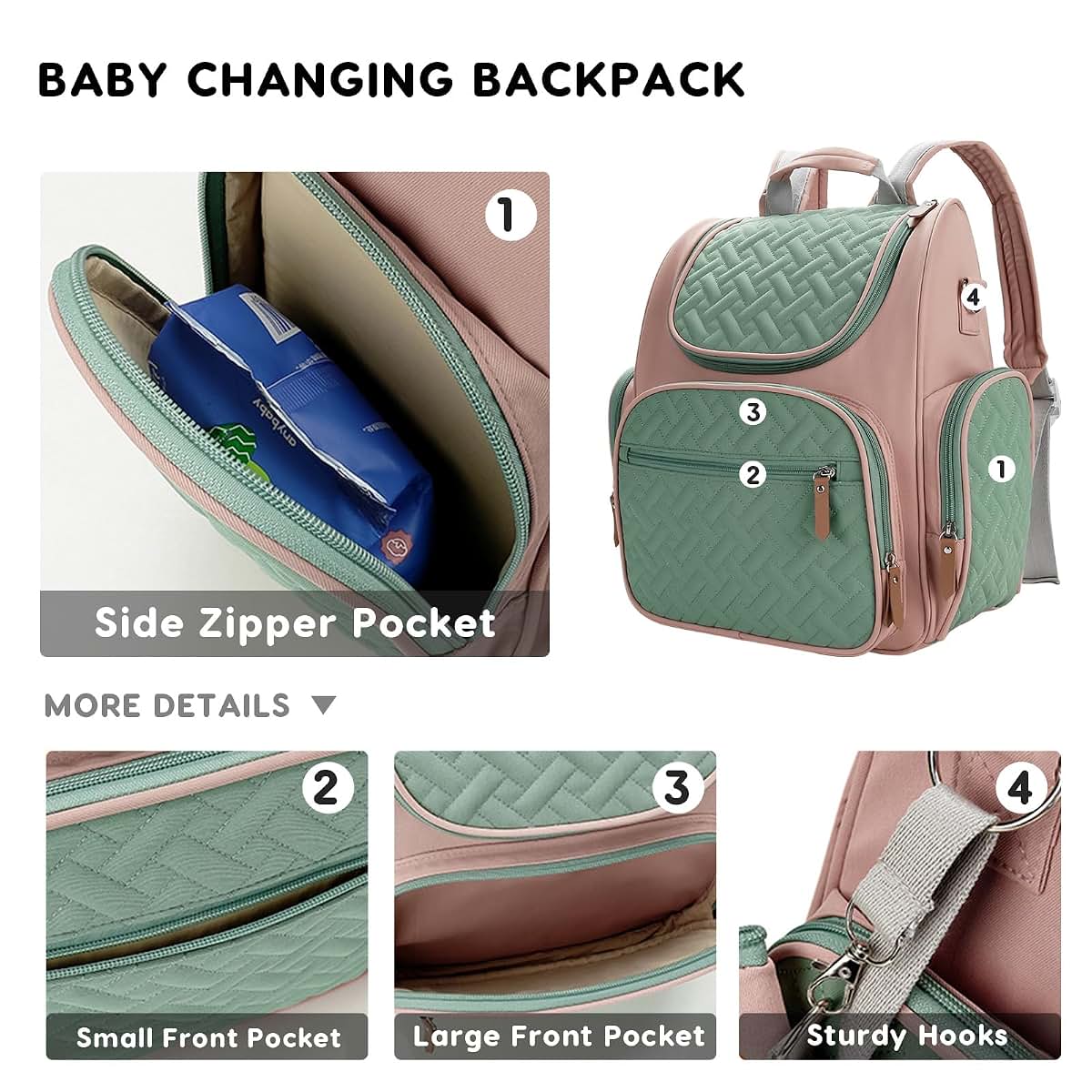 SONARIN Waterproof Diaper Bag Backpack with Changing Mat and Stroller Straps, Pink