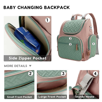 SONARIN Waterproof Diaper Bag Backpack with Changing Mat and Stroller Straps, Pink