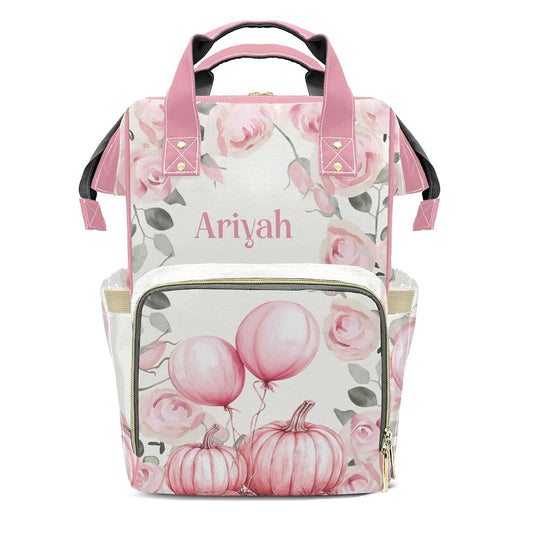 YallLocoMo Personalized Diaper Bag Backpack Name Watercolor Pink Pumpkins Balloon Floral Convenient and Durable: