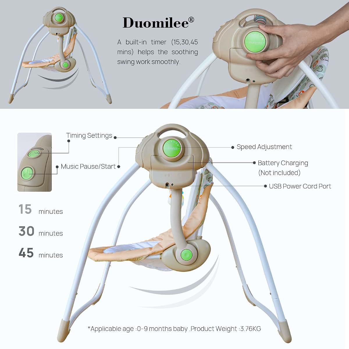 Duomilee Baby Swings for Infants, Baby Swing Newborn, Baby Swing with Intelligent Music Vibration Box, Infant Swing (photo 4)