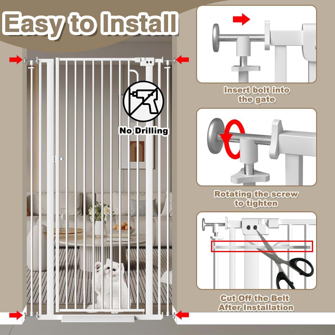THEYFIRST 57 Inch Extra Tall Pet Gate for Doorways, Pressure Mounted Walk Through with Auto Close, White