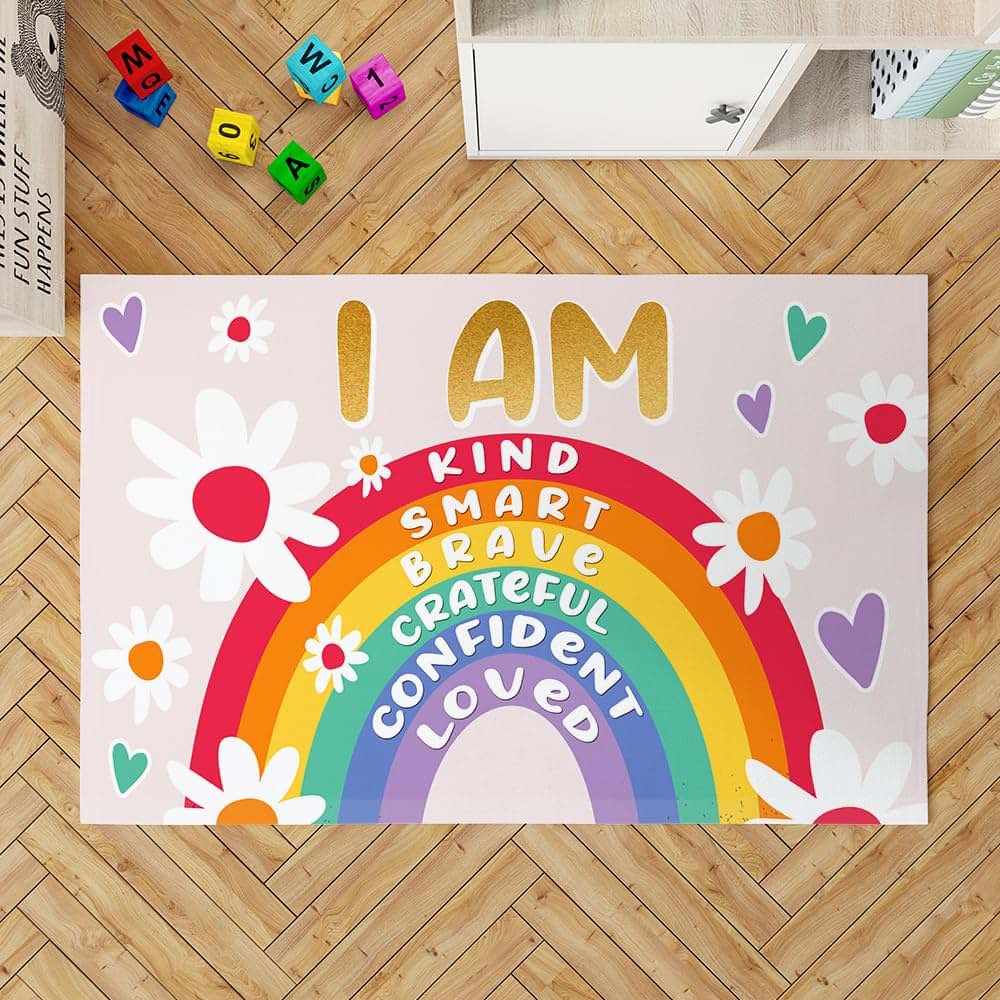 CHILLGEN Personalized Rainbow Rug for Classroom – Positive Affirmation Carpet Mat (photo 2)