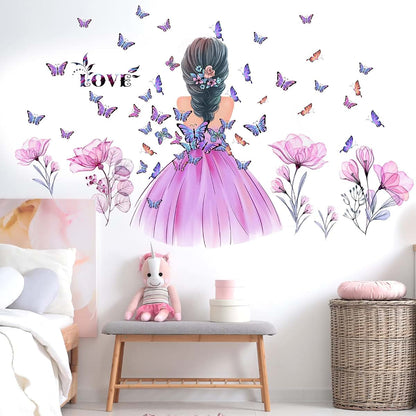 Butterfly Girl Wall Stickers - Pink Floral Decal for Nursery Decor