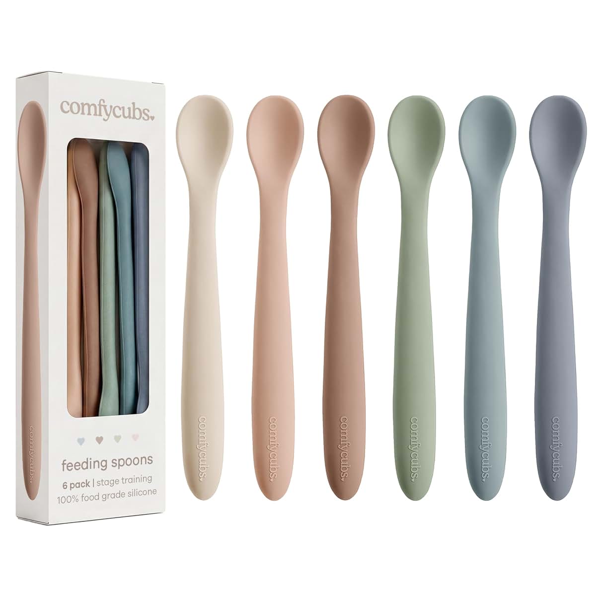 Comfy Cubs Silicone Baby Spoons, 6-Pack, Sand, Flexible Toddler Utensils