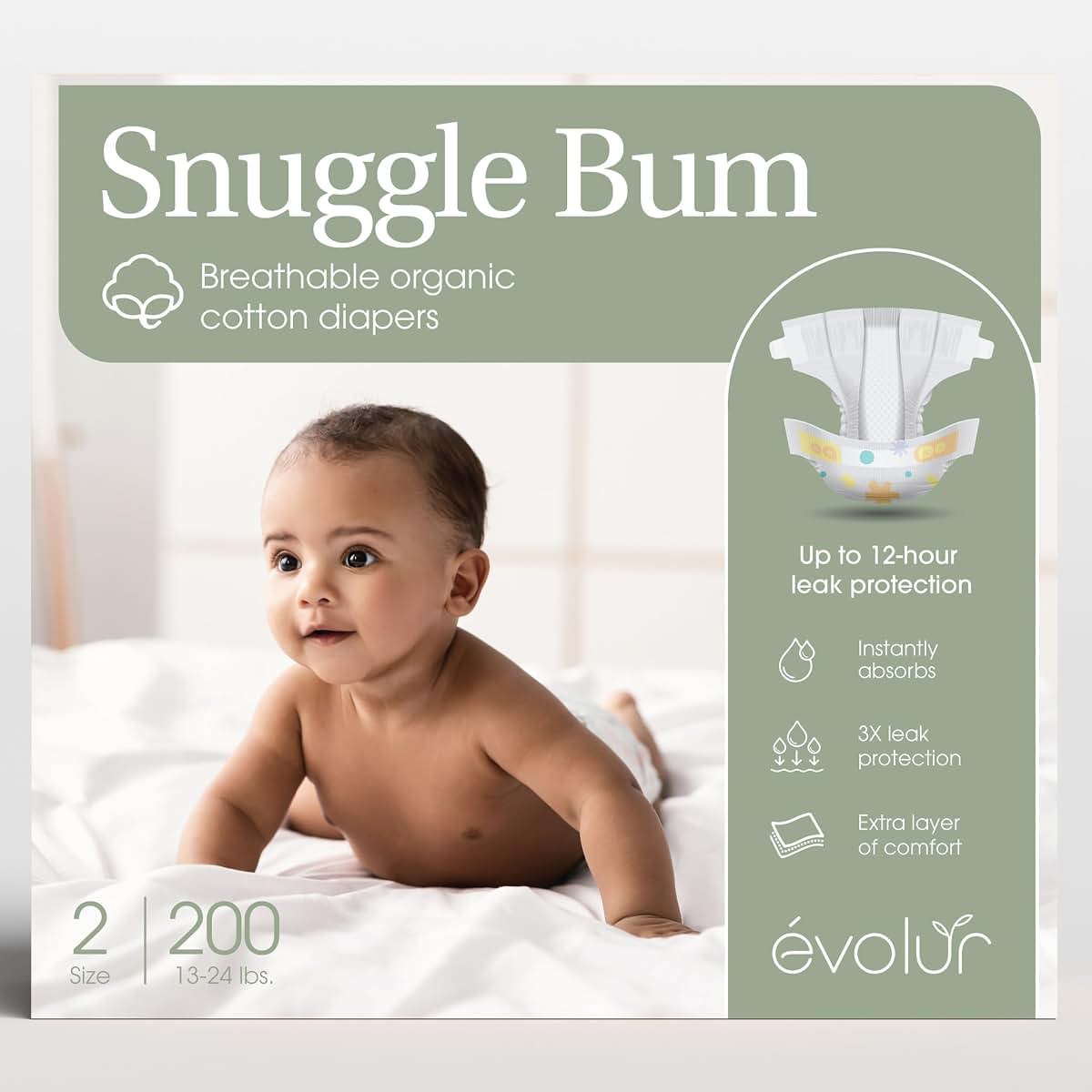 Evolur Snuggle Bum Baby Diapers Size 2, Newborn, PFAS-Free, 200 Count