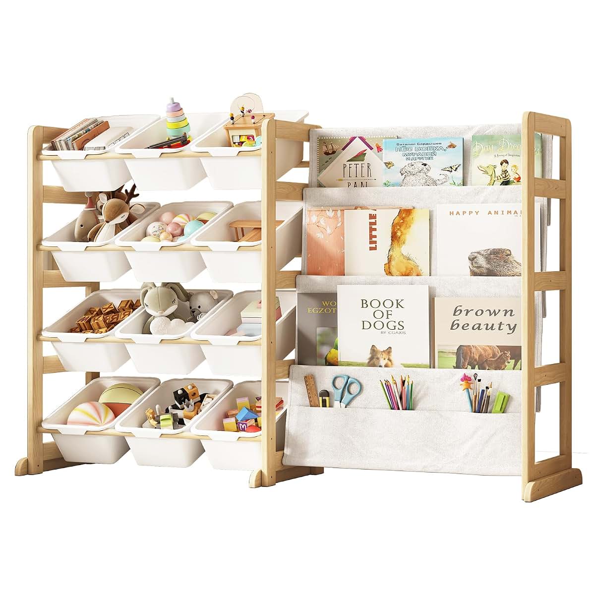 EXPERLAM Toy Storage Organizer with Bookshelf and 12 White Bins, Pine Wood