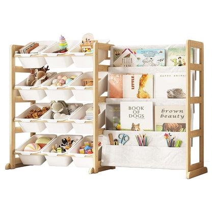 EXPERLAM Toy Storage Organizer with Bookshelf and 12 White Bins, Pine Wood