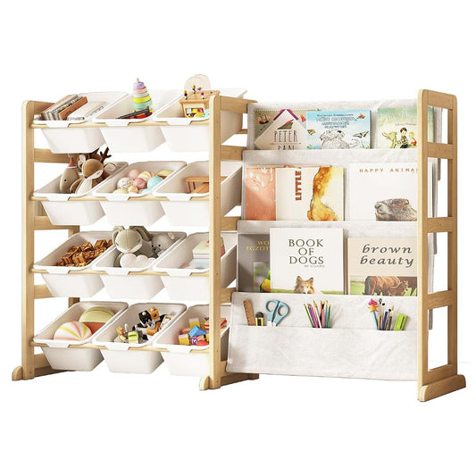 EXPERLAM Toy Storage Organizer with Bookshelf and 12 White Bins, Pine Wood