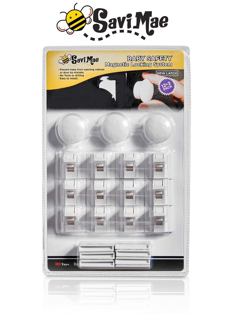 Savi Mae Magnetic Baby & Child Safety Locks for Cabinets & Drawers, 12 Locks + 3 Keys, 3M Adhesive