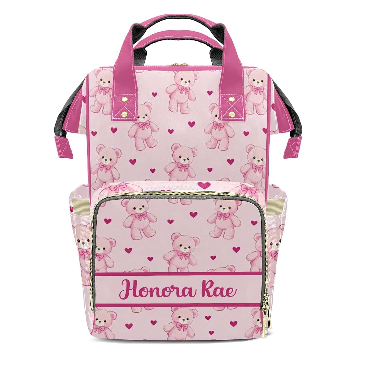Joyestore Personalized Pink Cute Bear Custom Mom Bag with Name,Dad and Mom Diaper Backpack for Baby Boys Girls,Birthday