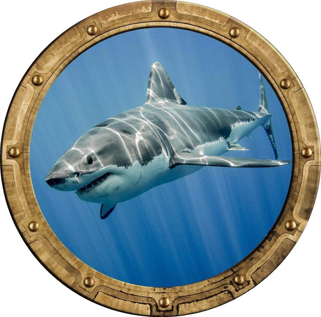 Stickit Graphix 24" Porthole 3D Window Wall Decal Shark #4 RUSTIC Port Scape Jaws Great White Megalodon Instant Under