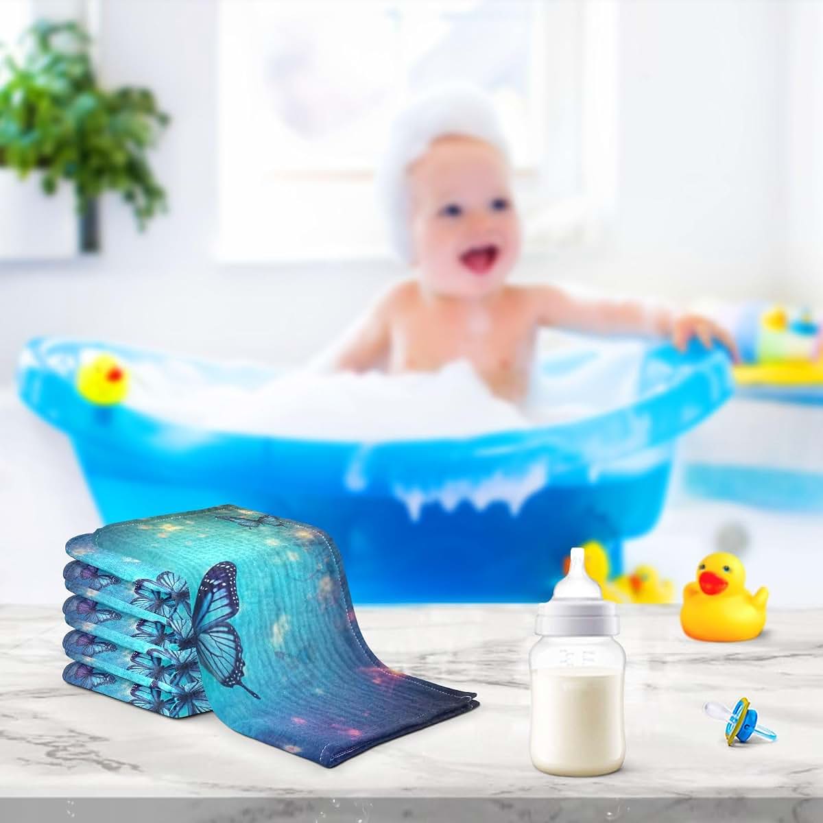 WELLDAY Blue Butterfly Baby Washcloths, 5-Pack Cotton Muslin Washcloths 12x12 in