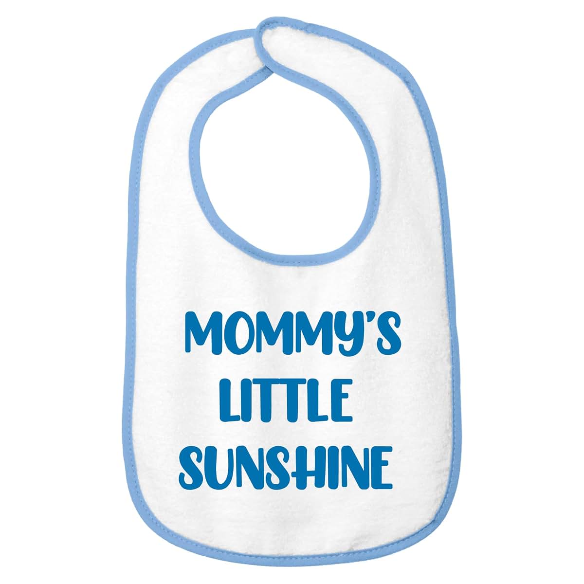 Smiling Jindo Personalized Baby Bib – White Bib (Light Blue Trim) – Custom Text (1 to 3 Lines) – Soft Cotton Terry