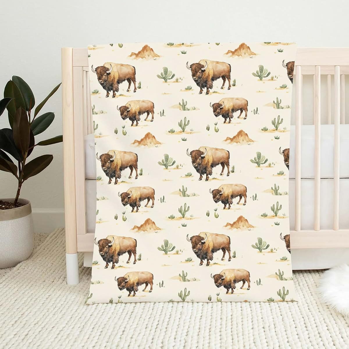 Wicbfdfv Vintage Western Buffalo Cactus Flannel Baby Blanket (photo 2)