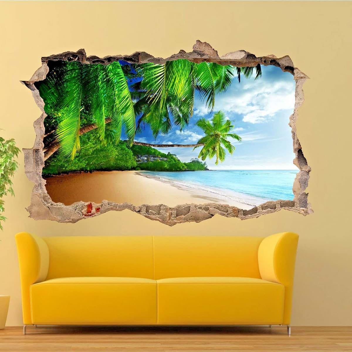 Kuletkear Landscape 3D Wall Decor, Beach Holiday Removable Wall Sticker Room Palm Trees Mural Decals Wall Hole Decal