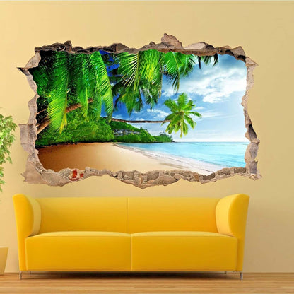 Kuletkear Landscape 3D Wall Decor, Beach Holiday Removable Wall Sticker Room Palm Trees Mural Decals Wall Hole Decal