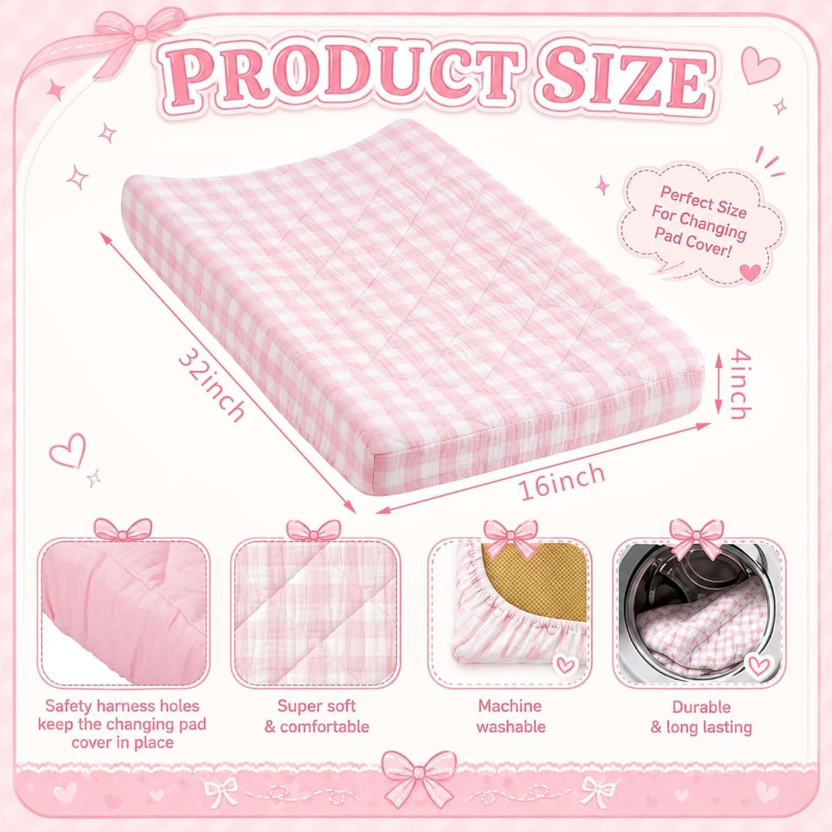 Chicplaid 2 Pack 32"x16" Pink Gingham Quilted Muslin Changing Pad Covers (photo 2)