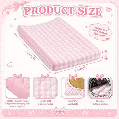 Chicplaid 2 Pack 32"x16" Pink Gingham Quilted Muslin Changing Pad Covers (photo 2)