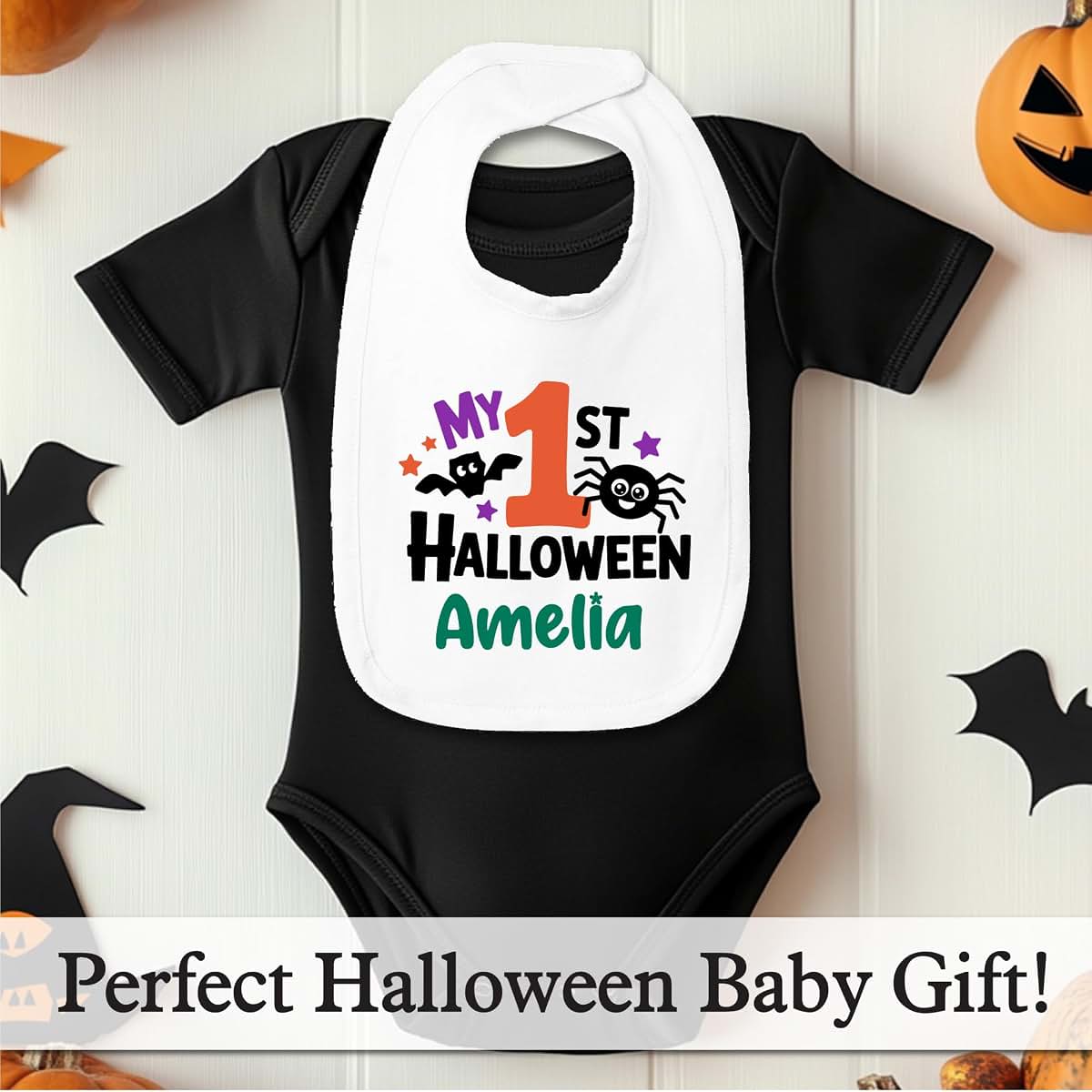 Smiling Jindo Personalized My First Halloween Baby Bib – Custom Name Bib for Newborns & Infants – Soft Cotton Jersey (photo 4)