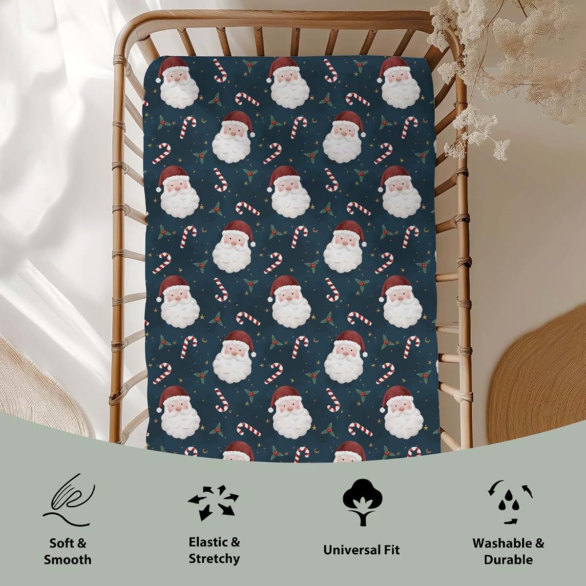 Santa Claus Fitted Baby Crib Sheet 52"x28" Soft Polyester