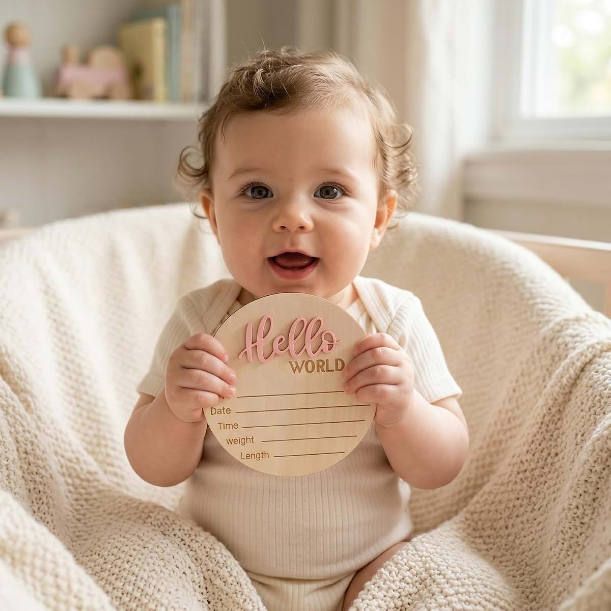 Heclia Hello World Baby Announcement Sign, Pink Wooden Keepsake (photo 4)