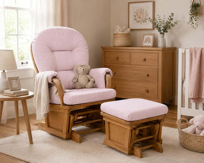Suite Bebe Maya Nursery Rocking Chair With Ottoman In Poetic Natural Wood And Pink