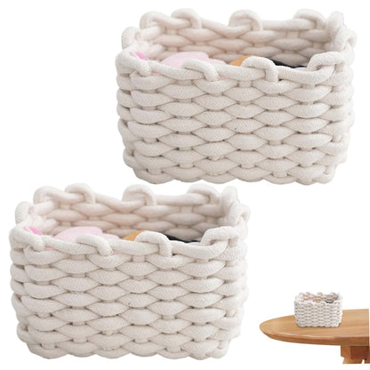 BabyOneStop Cotton Rope Storage Basket Set of 2, 7.5x5.9x4.7 Inches, White Braided Woven Baskets for Toys and Snacks